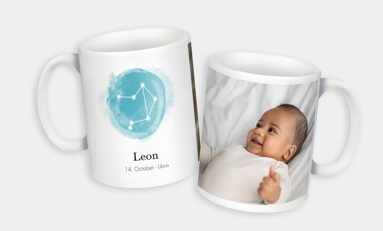 Personenfreundliche Tasse mit Namen und Geburtsdatum auf der einen Seite, Babybild auf der anderen Seite