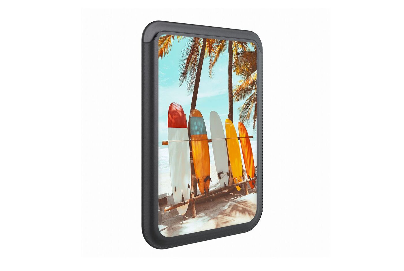 Kartenhalter fürs Handy mit Foto von bunten Surfbrettern am Strand unter Palmen