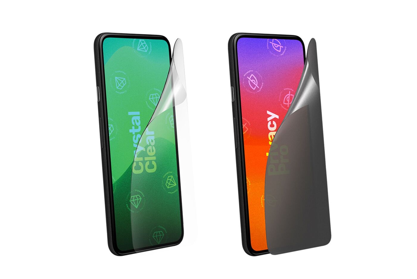 Zwei freigestellte Handys nebeneinander mit Displayschutzfolie, links klare Folie ohne Sichtschutz, rechts Folie mit Anti Spy Sichtschutz