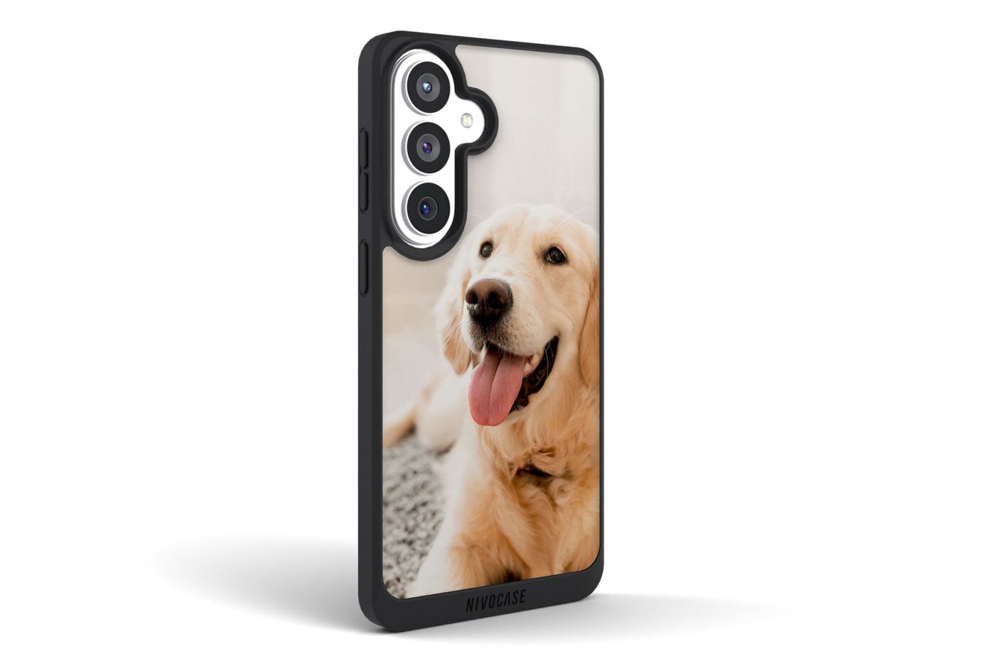 Schwarze Handyhülle für Samsung Galaxy mit personalisiertem Hundefoto eines Golden Retrievers.