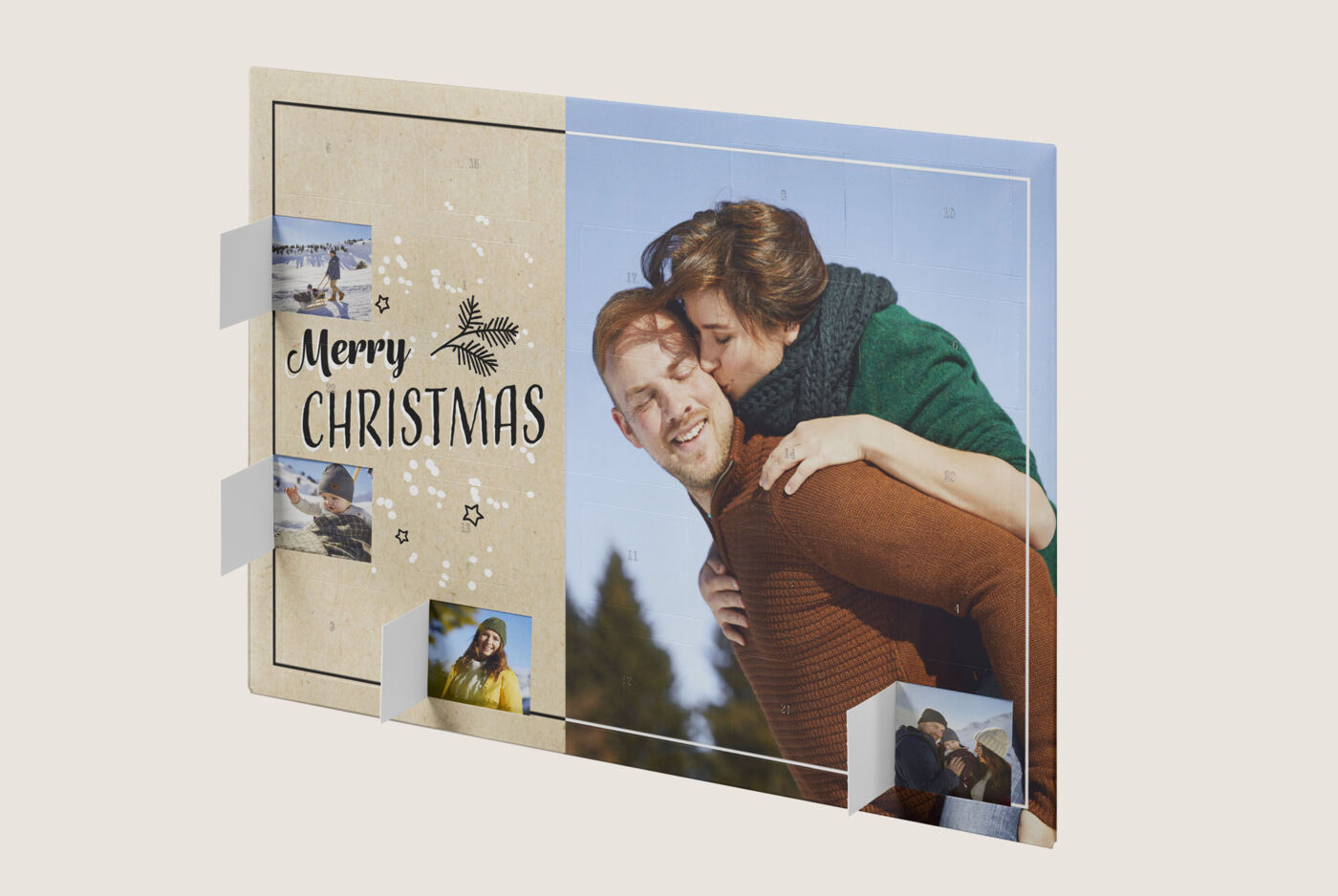 A cheerful Christmas card with festive design, photos and the inscription 'Merry Christmas'