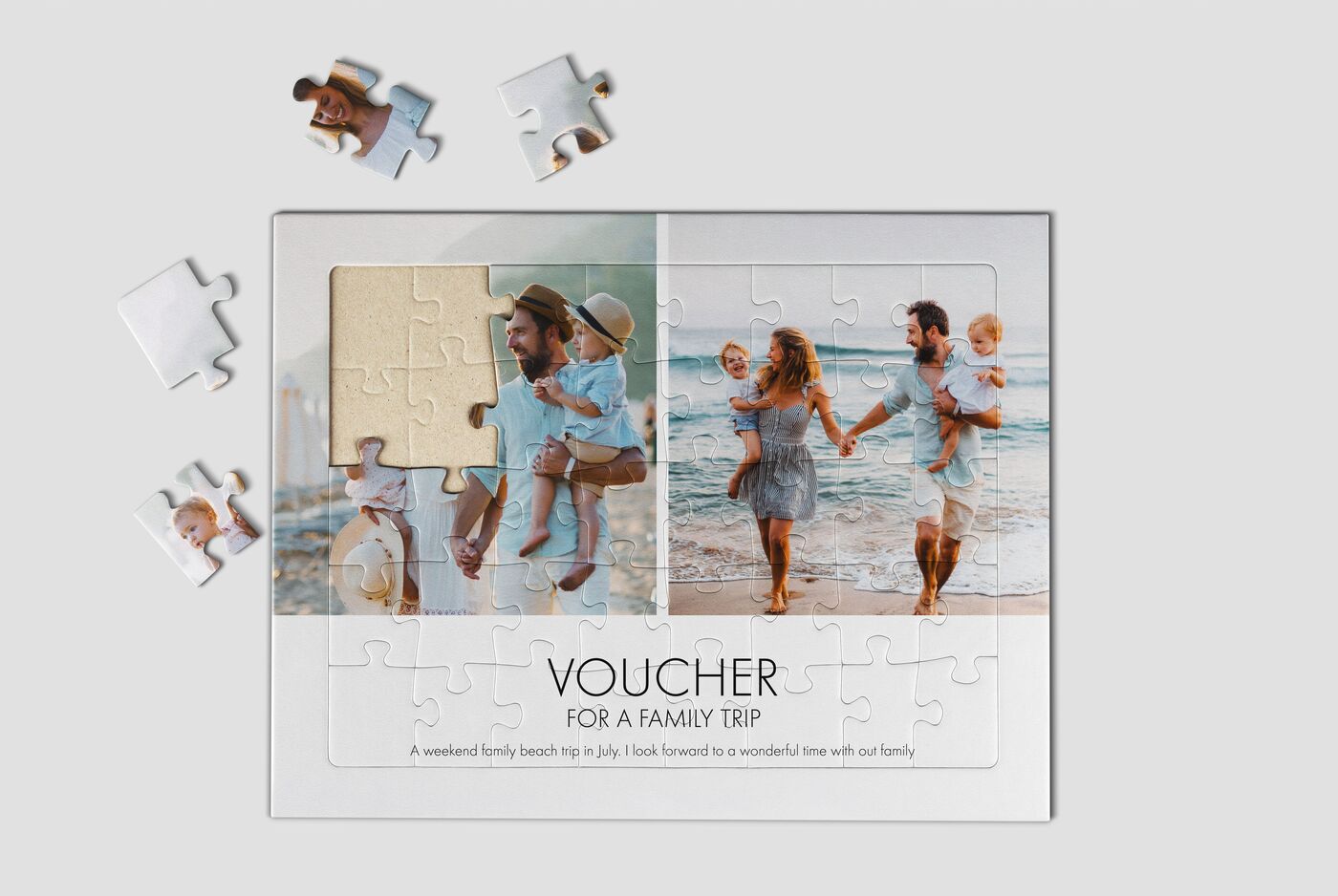 Bon de puzzle pour une sortie en famille avec des photos de moments heureux à la plage.